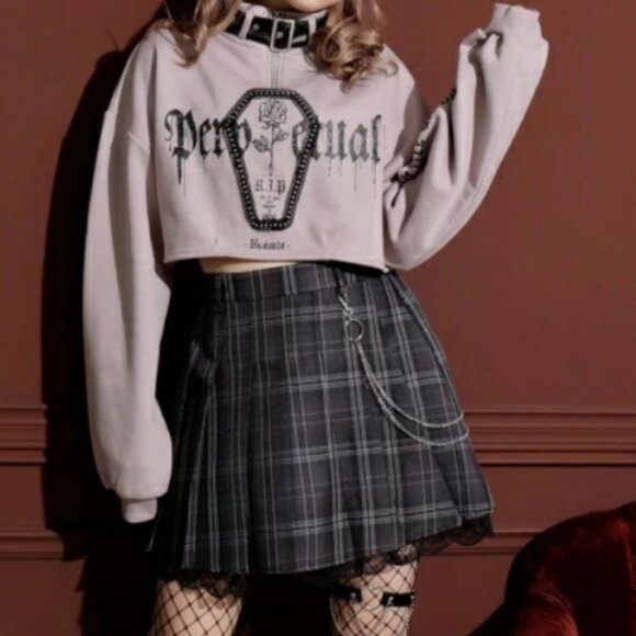 Noemie Gray Belt Mock Neck Coffin Crop Half Zip Pullover Sweater Cutsew - Picture 2 of 4